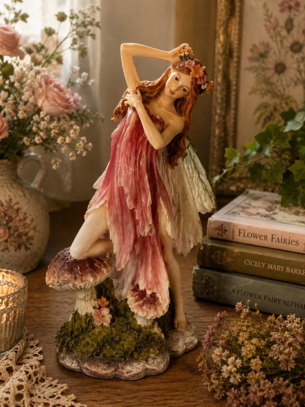 Vintage 2000 Fantasy Fairy Figurine Resin Woodland Flower Fairy Statue Cottageco